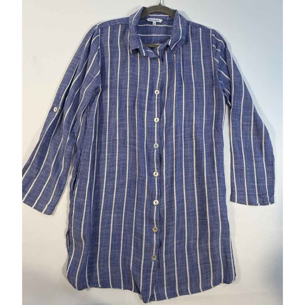 Blue Island Tunic Shirt Womens XS Blue Striped Excellent Roll Tab Pockets